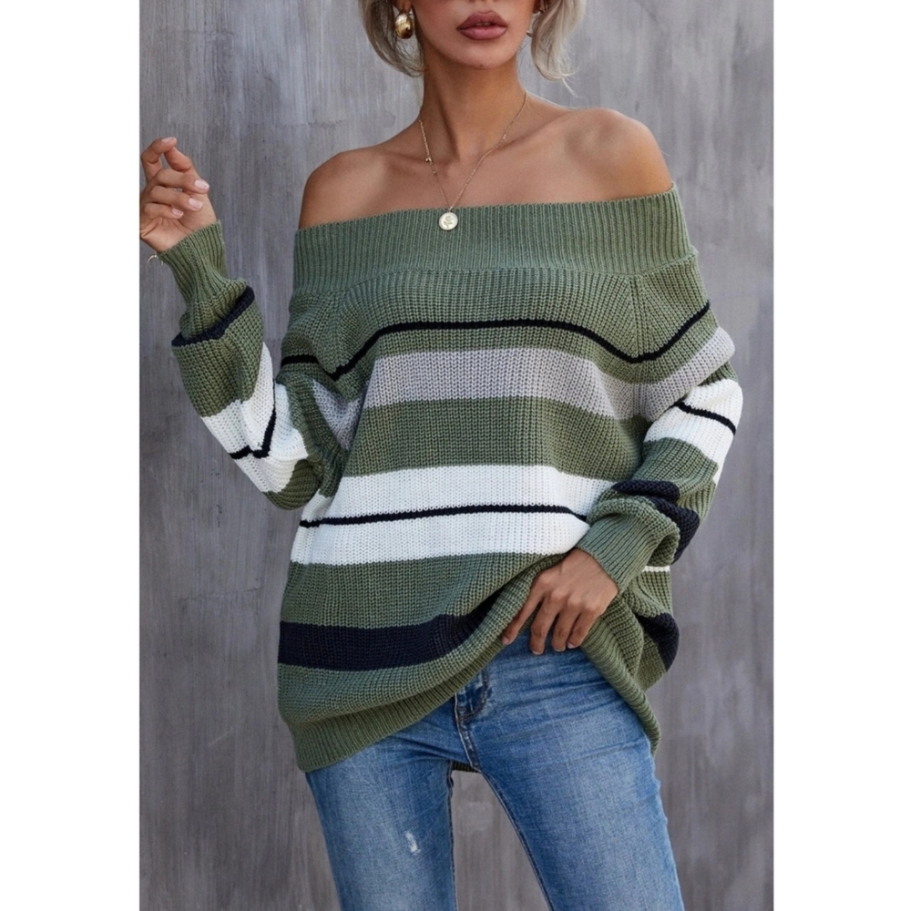 Off the shoulder stripe Sweater - Picture 1 of 6